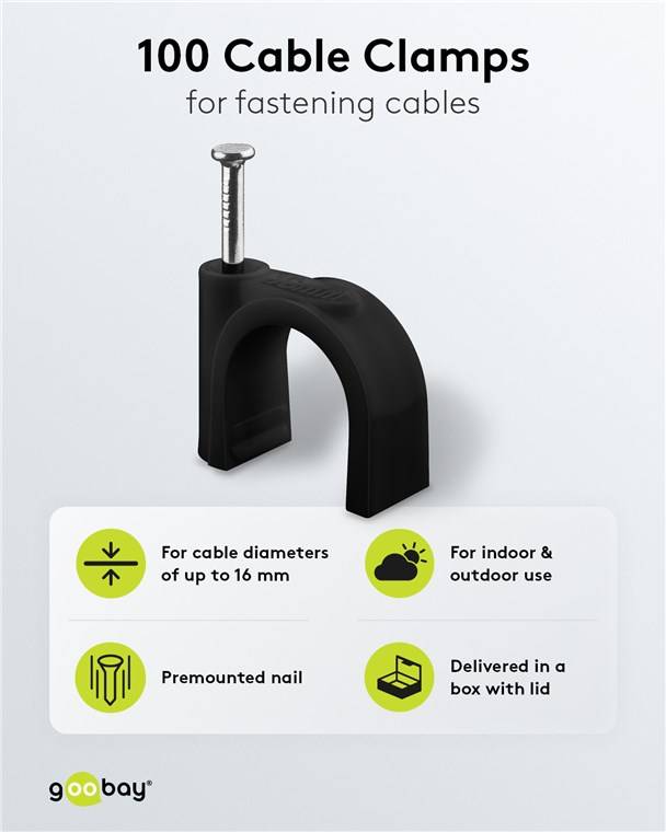 60x Goobay 64686 Kabelschelle 16 mm, schwarz, 16 mm - Befestigung für Kabel mit Durchmesser bis 16 mm