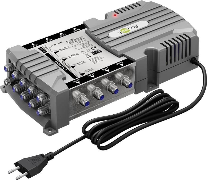 Goobay 64880 Sat-Multischalter 9 Eingänge/8 Ausgänge, Silber-grau - Verteiler für max. 8 Teilnehmer von zwei Satelliten