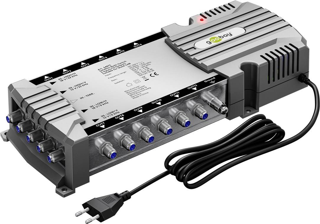Goobay 64875 Sat-Multischalter 5 Eingänge/12 Ausgänge, Silber-grau - Verteiler für max. 12 Teilnehmer von einem Satelliten