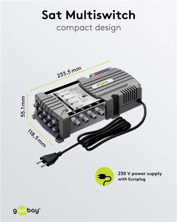 10x Goobay 64879 Sat-Multischalter 9 Eingänge/4 Ausgänge, Silber-grau - Verteiler für max. 4 Teilnehmer von zwei Satelliten