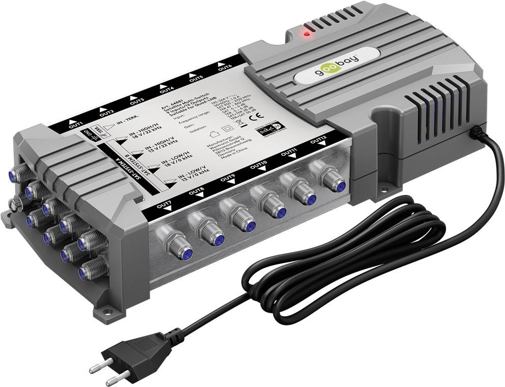 Goobay 64881 Sat-Multischalter 9 Eingänge/12 Ausgänge, Silber-grau - Verteiler für max. 12 Teilnehmer von zwei Satelliten