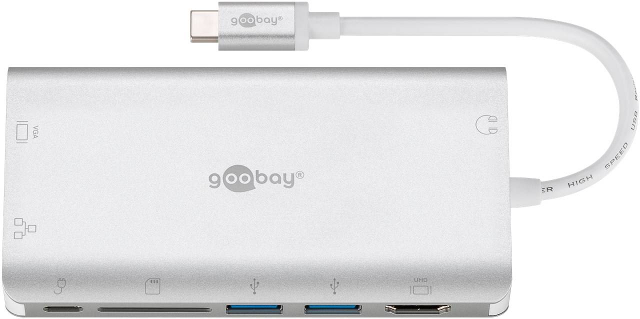 Goobay 49850 USB-C™ Premium-Multiport-Adapter, Silber - erweitert einen USB-C™-Port auf 1x HDMI™, 2x USB-A, 1x SD-Kartenslot, 1x microSD-Kartens