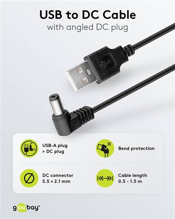 400x Goobay 55157 USB-DC-Kabel 5,5 x 2,1 mm, 0,5 m, 0.5 m, Schwarz - USB-2.0-Stecker (Typ A) > DC-Stecker (5,50 x 2,10 mm)