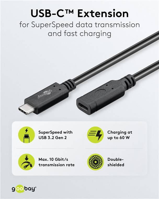 50x Goobay 61038 USB-C™-Verlängerung USB 3.2 Generation 2, 1 m, schwarz - USB-C™-Stecker > USB-C™-Buchse