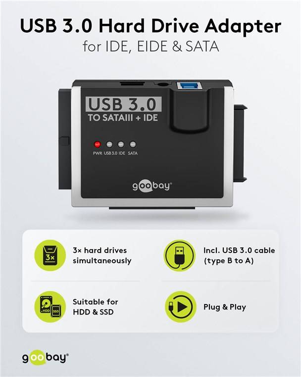 40x Goobay 72013 USB 3.0 Festplattenadapter für IDE und SATA, 1.3 m - Adapter-Set für HDD- und SSD-Festplatten, CD-Laufwerke und DVD-Laufwerke, inkl