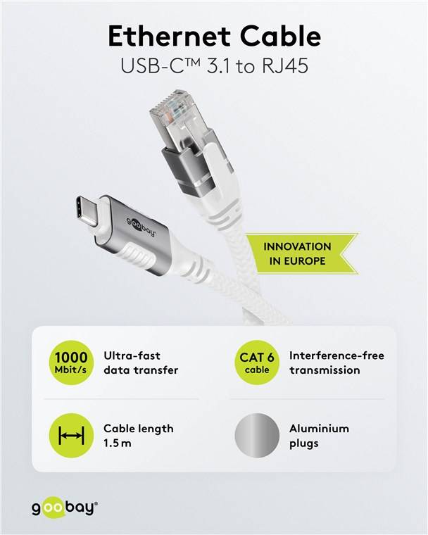 Goobay 74166 Ethernet-Kabel USB-C™ 3.1 auf RJ45, 1,5 m, 1.5 m, weiß - verbindet Router, Modem oder Netzwerk-Switch mit dem USB-C™-Port von Laptop