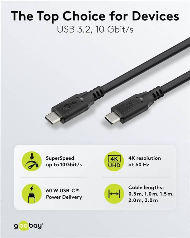 200x Goobay 74206 USB-C™-Kabel, USB 3.2, 60 W, 10 Gbit/s, Power Delivery, 1,5 m, 1.5 m, schwarz - USB-C™-Stecker > USB-C™-Stecker