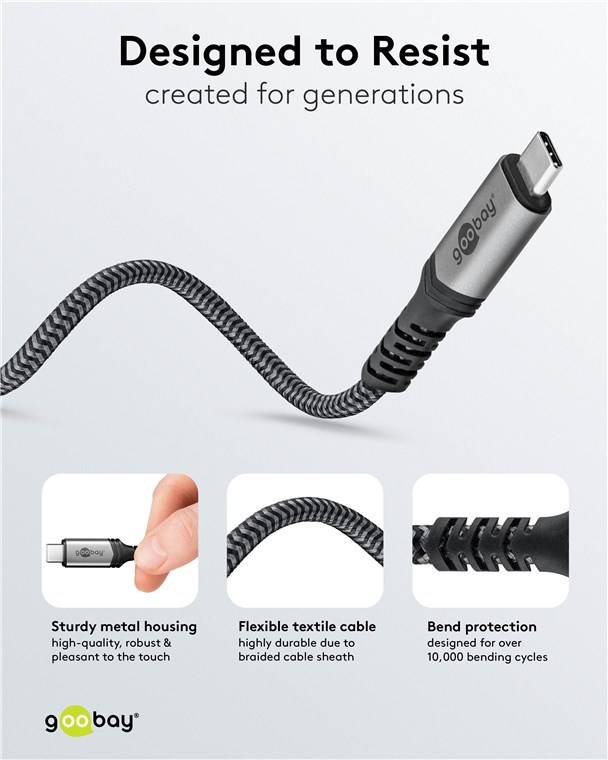 80x Goobay 74212 USB-C™-Kabel mit Textilmantel, USB4™, 240 W, 40 Gbit/s, Power Delivery, 1,5 m, 1.5 m, schwarz-grau - USB-C™-Stecker > USB-C™-