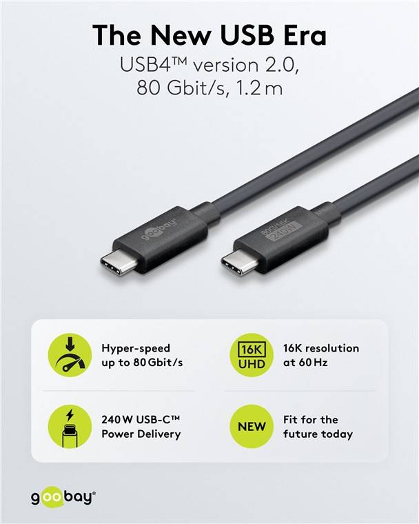 Goobay 74376 USB-C™-Kabel zertifiziert, USB4™ Version 2.0, 240 W, 80 Gbit/s, PD, 1,2 m, schwarz - USB-C™-Stecker > USB-C™-Stecker