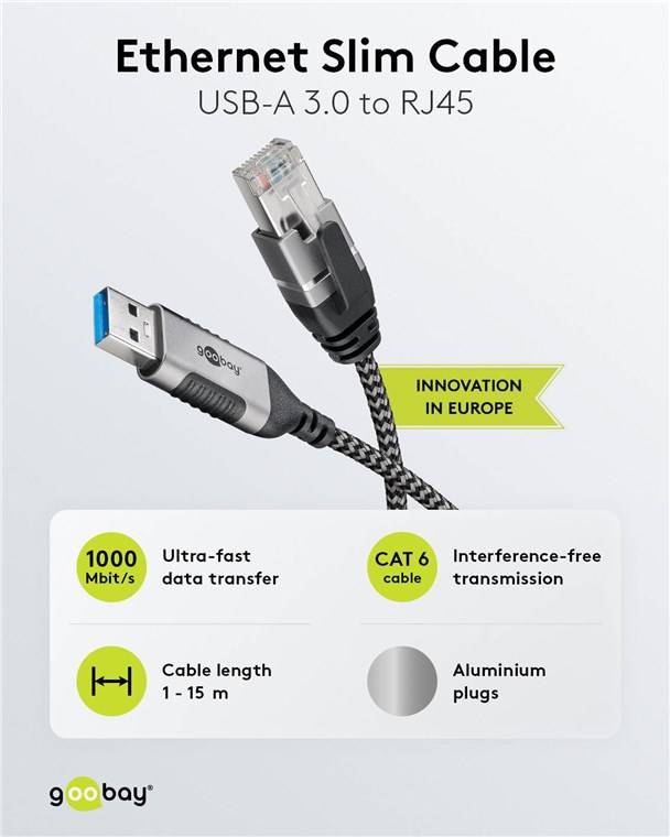 45x Goobay 74397 Ethernet-Kabel USB-A 3.0 auf RJ45, Slim, 5 m, 5 m, schwarz-Silber - verbindet Router, Modem oder Netzwerk-Switch mit dem