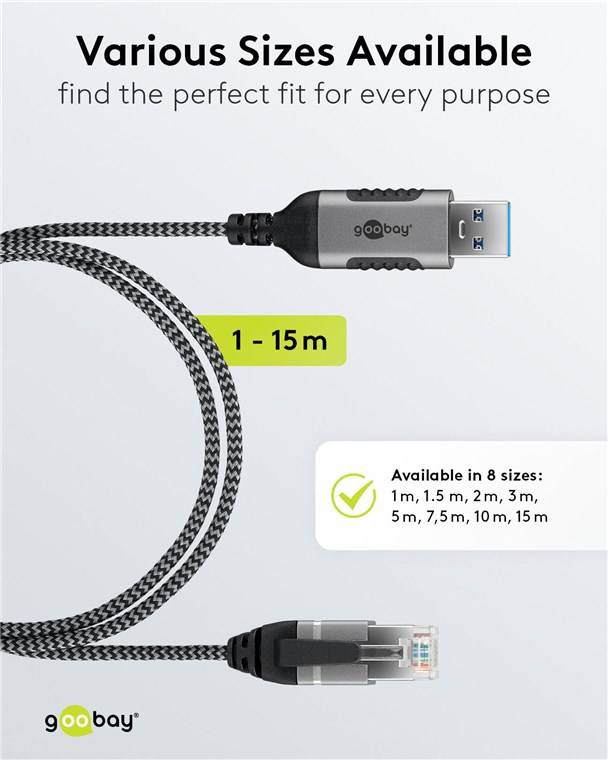 Goobay 74393 Ethernet-Kabel USB-A 3.0 auf RJ45, Slim, 1 m, 1 m, schwarz-Silber - verbindet Router, Modem oder Netzwerk-Switch mit dem USB-A-Port