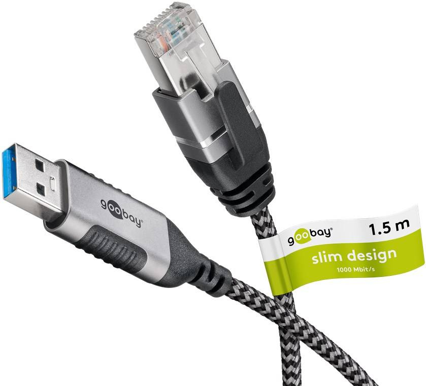 50x Goobay 74394 Ethernet-Kabel USB-A 3.0 auf RJ45, Slim, 1,5 m, 1.5 m, schwarz-Silber - verbindet Router, Modem oder Netzwerk-Switch mit dem