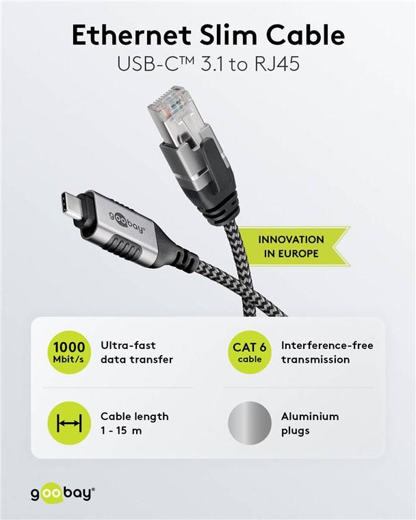 20x Goobay 74407 Ethernet-Kabel USB-C™ 3.1 auf RJ45, Slim, 10 m, 10 m, schwarz-Silber - verbindet Router, Modem oder Netzwerk-Switch mit dem USB-C