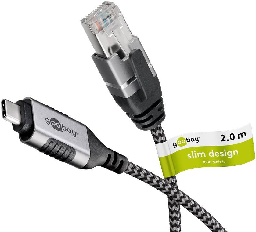 50x Goobay 74403 Ethernet-Kabel USB-C™ 3.1 auf RJ45, Slim, 2 m, 2 m, schwarz-Silber - verbindet Router, Modem oder Netzwerk-Switch mit dem USB-C™-