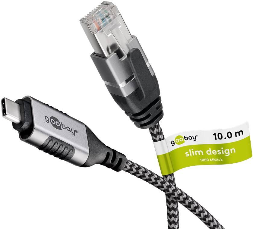 20x Goobay 74407 Ethernet-Kabel USB-C™ 3.1 auf RJ45, Slim, 10 m, 10 m, schwarz-Silber - verbindet Router, Modem oder Netzwerk-Switch mit dem USB-C