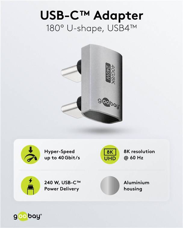Goobay 74446 USB-C™-Adapter 180° U-Form, USB4™, Silber - USB-C™-Stecker > USB-C™-Stecker