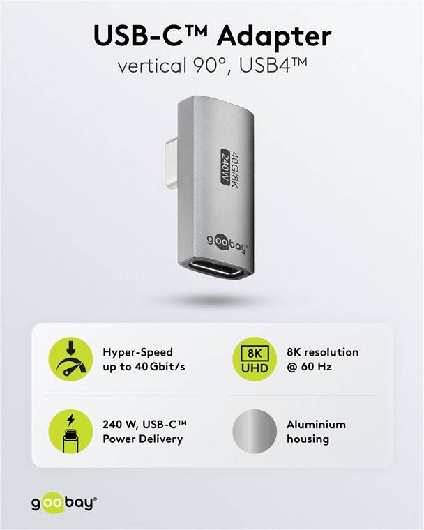Goobay 74443 USB-C™-Adapter vertikal 90° rotiert, USB4™, Silber - USB-C™-Stecker > USB-C™-Buchse