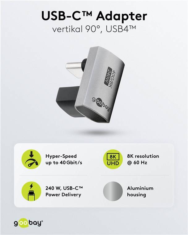 Goobay 74444 USB-C™-Adapter vertikal 90° kurz, USB4™, Silber - USB-C™-Stecker > USB-C™-Buchse