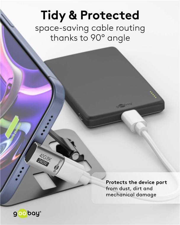 250x Goobay 74442 USB-C™-Adapter vertikal 90° lang, USB4™, Silber - USB-C™-Stecker > USB-C™-Buchse