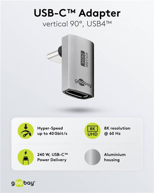 250x Goobay 74442 USB-C™-Adapter vertikal 90° lang, USB4™, Silber - USB-C™-Stecker > USB-C™-Buchse