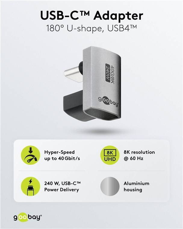 Goobay 74445 USB-C™-Adapter 180° U-Form, USB4™, Silber - USB-C™-Stecker > USB-C™-Buchse