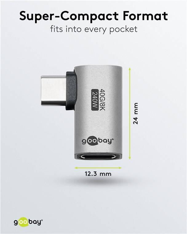 Goobay 74441 USB-C™-Adapter horizontal 90°, USB4™, Silber - USB-C™-Stecker > USB-C™-Buchse