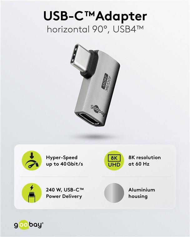 Goobay 74441 USB-C™-Adapter horizontal 90°, USB4™, Silber - USB-C™-Stecker > USB-C™-Buchse