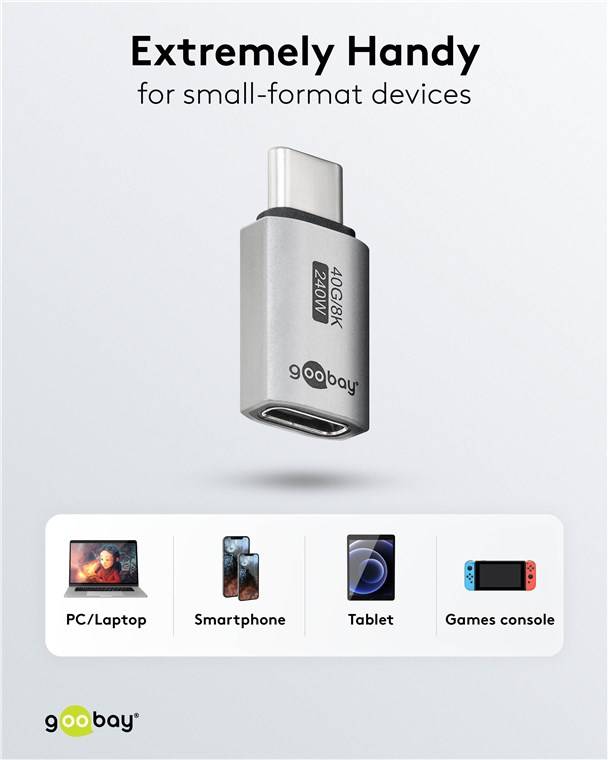 Goobay 74447 USB-C™-Adapter gerade, USB4™, Silber - USB-C™-Stecker > USB-C™-Buchse