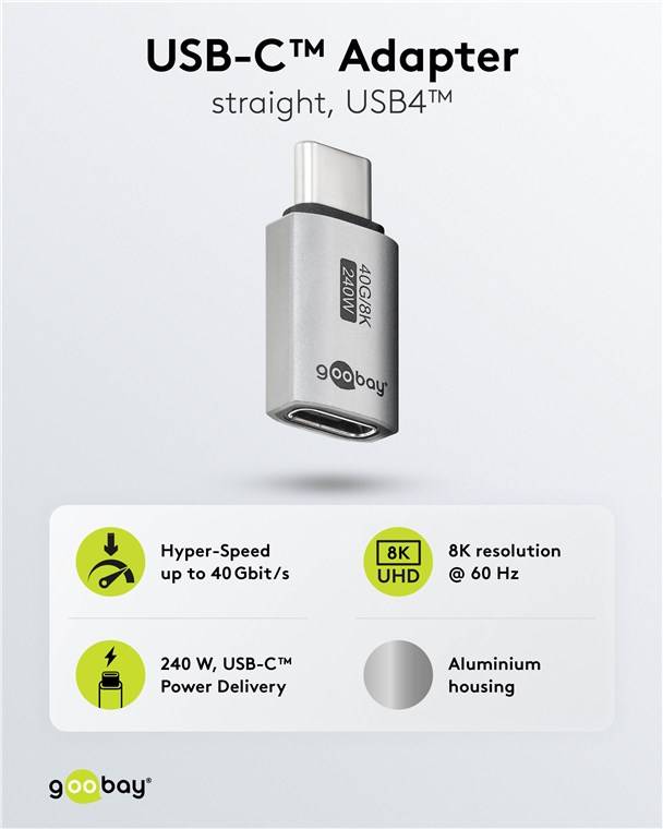Goobay 74447 USB-C™-Adapter gerade, USB4™, Silber - USB-C™-Stecker > USB-C™-Buchse