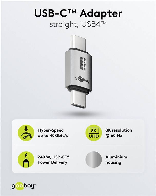 250x Goobay 74448 USB-C™-Adapter gerade, USB4™, Silber - USB-C™-Stecker > USB-C™-Stecker