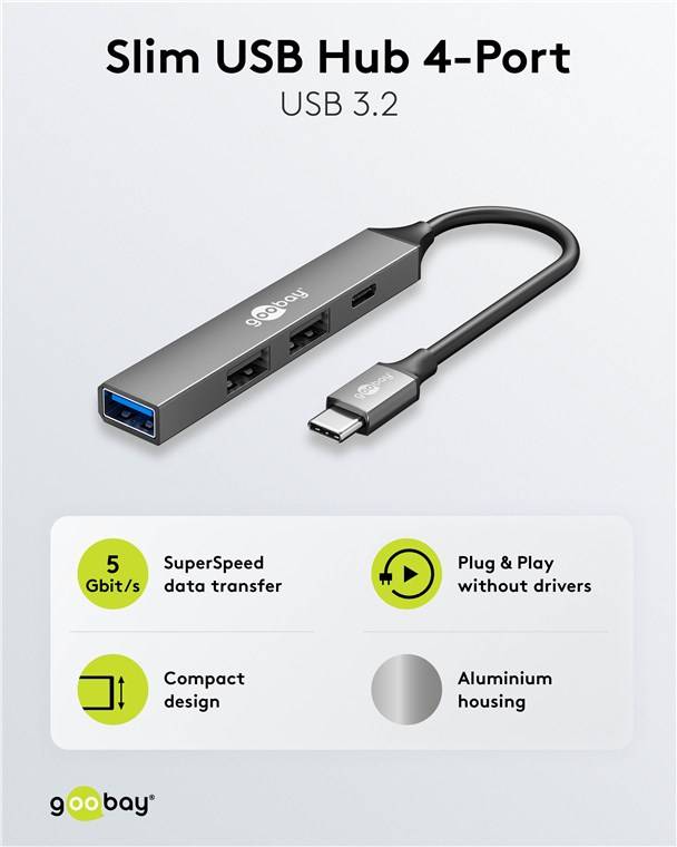 Goobay 74459 Slim 4-Port USB-Hub, USB-C™ auf USB-C™/USB-A, 5 Gbit/s, hellgrau, 0.1 m - USB-C™-Stecker > 1x USB-A-Buchse (USB 3.2), 1x USB-C™-B