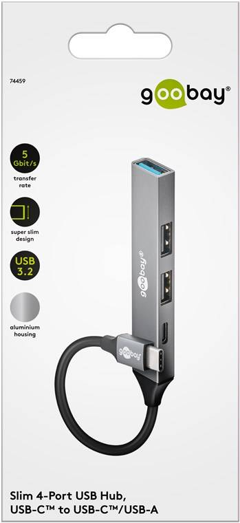 Goobay 74459 Slim 4-Port USB-Hub, USB-C™ auf USB-C™/USB-A, 5 Gbit/s, hellgrau, 0.1 m - USB-C™-Stecker > 1x USB-A-Buchse (USB 3.2), 1x USB-C™-B