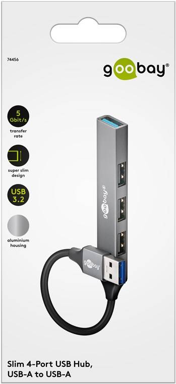 Goobay 74456 Slim 4-Port USB-Hub, USB-A auf USB-A, 5 Gbit/s, hellgrau, 0.1 m - USB-A-Stecker (USB 3.2) > 1x USB-A-Buchse (USB 3.2), 3x USB-A-Buchse