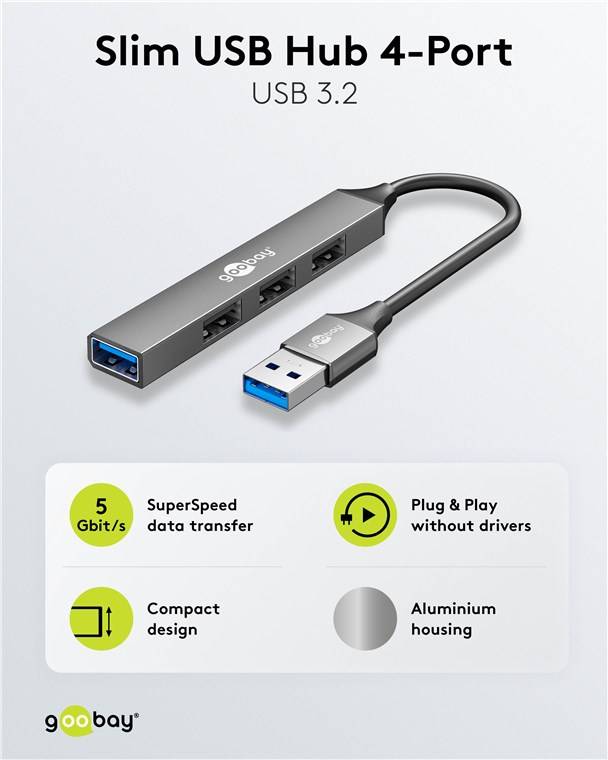 50x Goobay 74456 Slim 4-Port USB-Hub, USB-A auf USB-A, 5 Gbit/s, hellgrau, 0.1 m - USB-A-Stecker (USB 3.2) > 1x USB-A-Buchse (USB 3.2), 3x