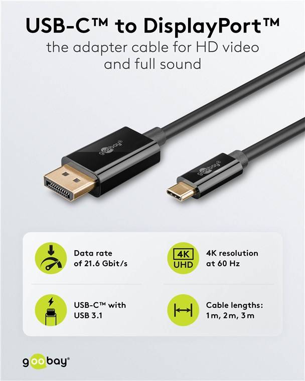 30x Goobay 75705 USB-C™-auf-DisplayPort™-Kabel 4K @ 60 Hz, 2 m, schwarz - USB-C™-Stecker > DisplayPort™-Stecker