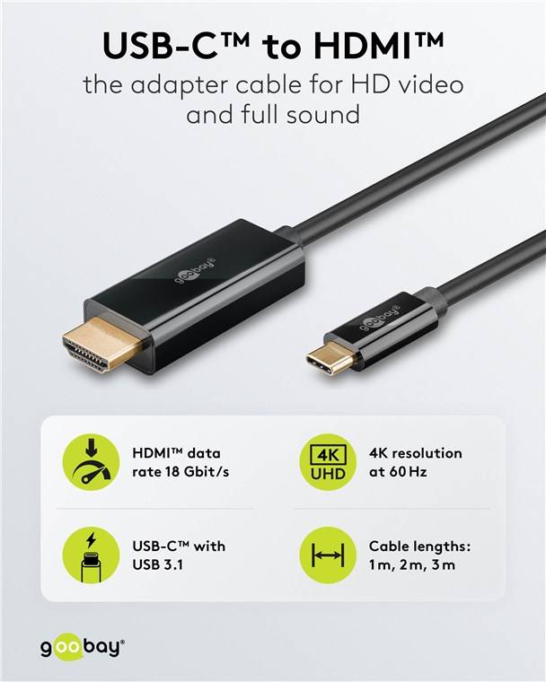 30x Goobay 75698 USB-C™-auf-HDMI™-Kabel 4K @ 60 Hz, 3 m, schwarz, 3 m - USB-C™-Stecker > HDMI™-Stecker (Typ A)