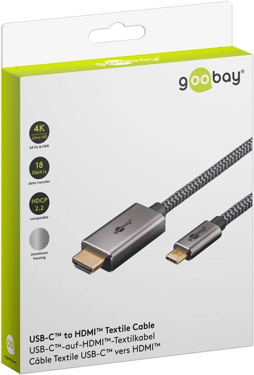 Goobay 75699 USB-C™-auf-HDMI™-Textilkabel 4K @ 60 Hz, 1 m, schwarz,silber, 1 m, schwarz-Silber - USB-C™-Stecker > HDMI™-Stecker (Typ A)