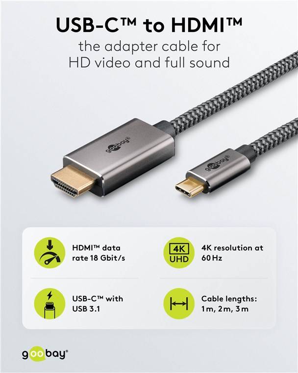 Goobay 75699 USB-C™-auf-HDMI™-Textilkabel 4K @ 60 Hz, 1 m, schwarz,silber, 1 m, schwarz-Silber - USB-C™-Stecker > HDMI™-Stecker (Typ A)