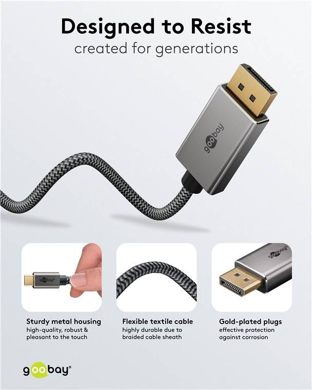 30x Goobay 75709 USB-C™-auf-DisplayPort™-Textilkabel 4K @ 60 Hz, 3 m, schwarz,silber, schwarz-Silber - USB-C™-Stecker > DisplayPort™-Stecker