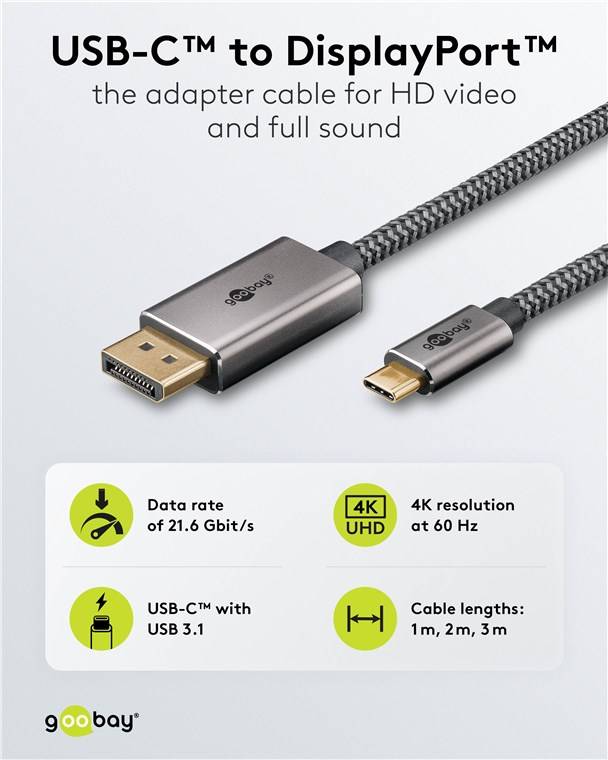30x Goobay 75708 USB-C™-auf-DisplayPort™-Textilkabel 4K @ 60 Hz, 2 m, schwarz,silber, schwarz-Silber - USB-C™-Stecker > DisplayPort™-Stecker