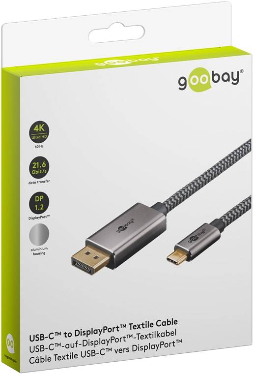 30x Goobay 75708 USB-C™-auf-DisplayPort™-Textilkabel 4K @ 60 Hz, 2 m, schwarz,silber, schwarz-Silber - USB-C™-Stecker > DisplayPort™-Stecker