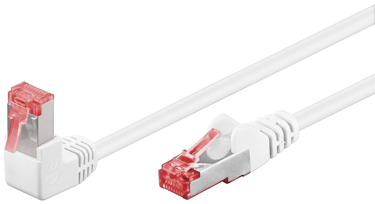Goobay 51548 CAT 6 Patchkabel 1x 90° gewinkelt, S/FTP (PiMF), weiß, 0,25 m, 0.25 m - Kupferleiter (CU), halogenfreier Kabelmantel (LSZH), Rastnase