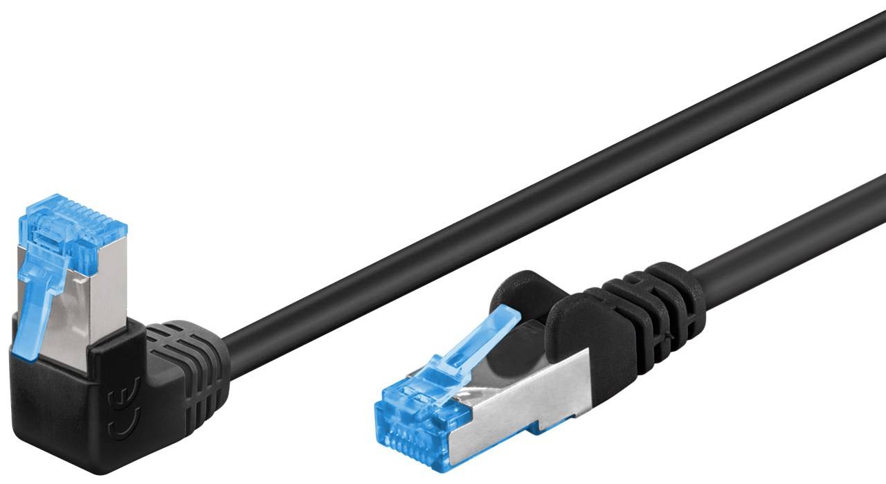 Goobay 51556 CAT 6A Patchkabel 1x 90° gewinkelt, S/FTP (PiMF), schwarz, 0,5 m, 0.5 m - Kupferleiter (CU), halogenfreier Kabelmantel (LSZH), Rastnase