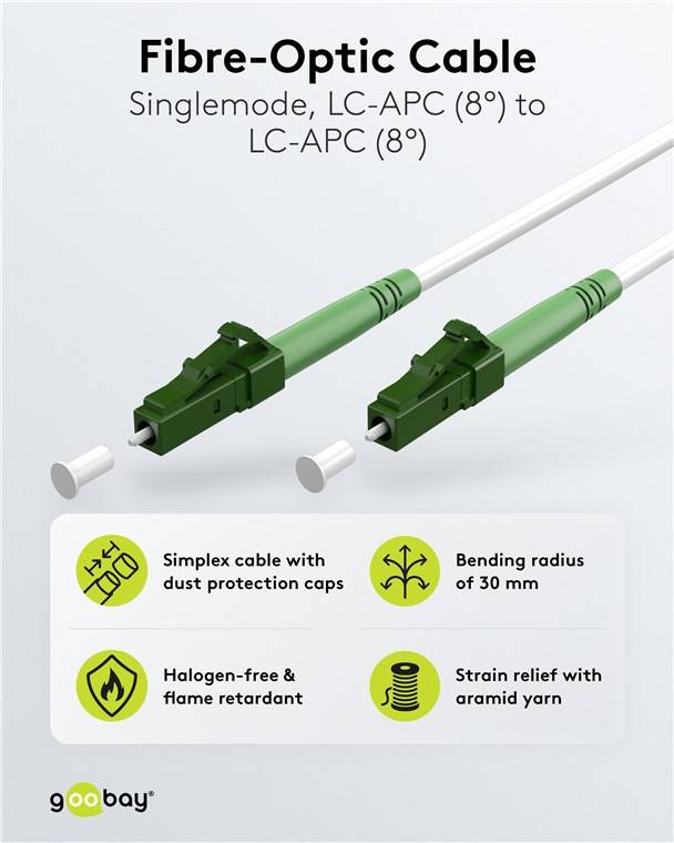 Goobay 59583 Glasfaserkabel (FTTH), Singlemode (OS2) White, (Simplex), 0,5 m, 0.5 m, Weiß - LC-APC (8°) Stecker > LC-APC (8°) Stecker, halogenfreie
