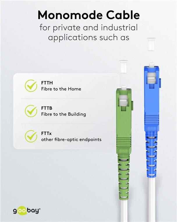 Goobay 59620 Glasfaserkabel (FTTH), Singlemode (OS2) White, (Simplex), 3 m, 3 m, Weiß - SC-APC (8°) Stecker > SC-UPC Stecker, halogenfreier Kabelman