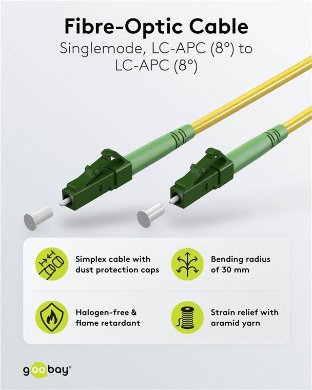 175x Goobay 59627 Glasfaserkabel (FTTH), Singlemode (OS2) Yellow, (Simplex), 0,5 m, 0.5 m, Gelb - LC-APC (8°) Stecker > LC-APC (8°) Stecker, halogen