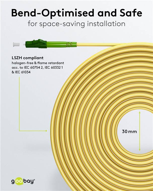 175x Goobay 59627 Glasfaserkabel (FTTH), Singlemode (OS2) Yellow, (Simplex), 0,5 m, 0.5 m, Gelb - LC-APC (8°) Stecker > LC-APC (8°) Stecker, halogen