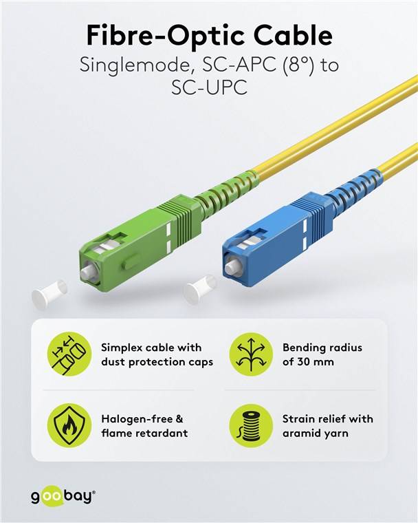 60x Goobay 59661 Glasfaserkabel (FTTH), Singlemode (OS2) Yellow, (Simplex), 5 m, 5 m, Gelb - SC-APC (8°) Stecker > SC-UPC Stecker, halogenfreier