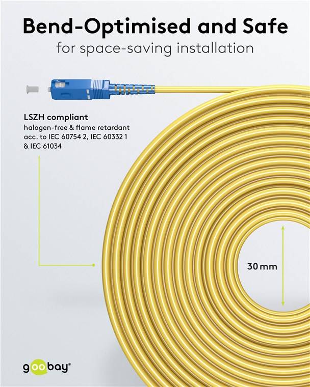 40x Goobay 59662 Glasfaserkabel (FTTH), Singlemode (OS2) Yellow, (Simplex), 10 m, 10 m, Gelb - SC-APC (8°) Stecker > SC-UPC Stecker, halogenfreier