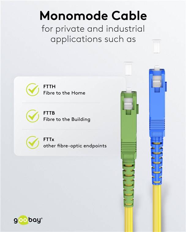 Goobay 59657 Glasfaserkabel (FTTH), Singlemode (OS2) Yellow, (Simplex), 0,5 m, 0.5 m, Gelb - SC-APC (8°) Stecker > SC-UPC Stecker, halogenfreier